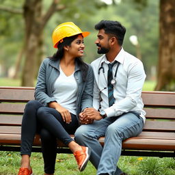 A romantic scene featuring a Sri Lankan couple seated on a bench, gazing at each other lovingly