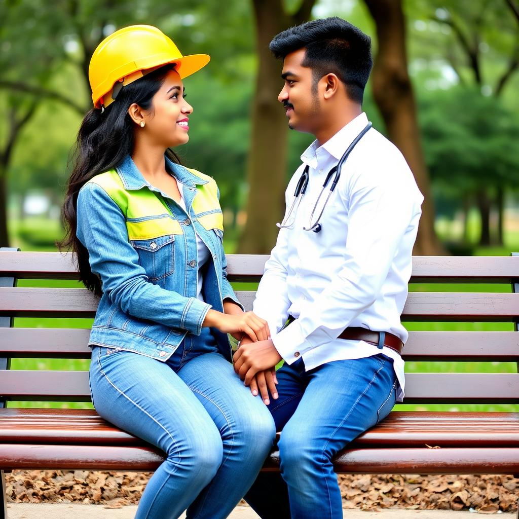 A romantic scene featuring a Sri Lankan couple seated on a bench, gazing at each other lovingly