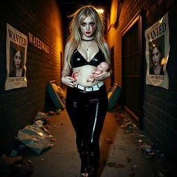 A full length, head to toe photograph of a sexy, beautiful 18-year-old woman with very thick, long, messy dirty blond hair and striking crystal blue eyes