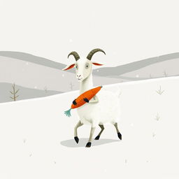A whimsical goat holding a carrot, walking through a snowy landscape