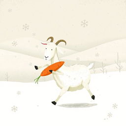 A whimsical goat holding a carrot, walking through a snowy landscape
