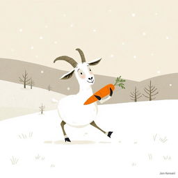 A whimsical goat holding a carrot, walking through a snowy landscape