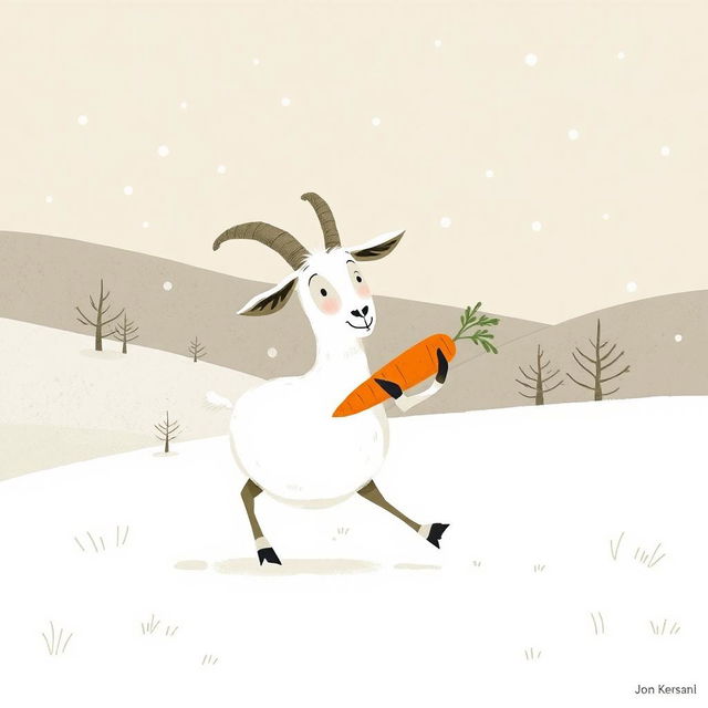 A whimsical goat holding a carrot, walking through a snowy landscape