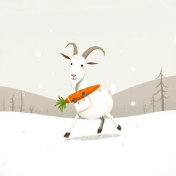 A whimsical goat holding a carrot, walking through a snowy landscape