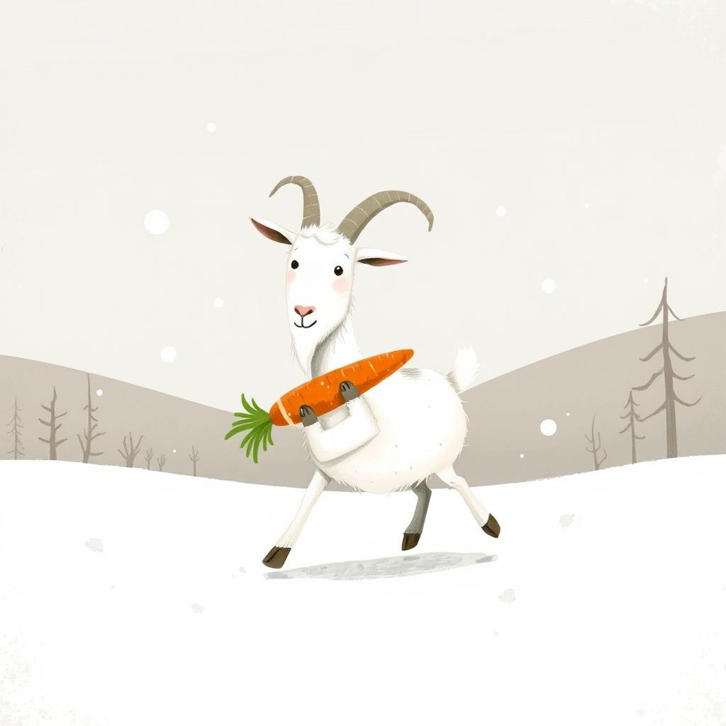 A whimsical goat holding a carrot, walking through a snowy landscape