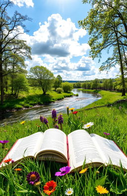 A serene image of several open books lying on a vibrant green grassy area, surrounded by colorful wildflowers