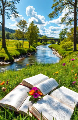 A serene image of several open books lying on a vibrant green grassy area, surrounded by colorful wildflowers