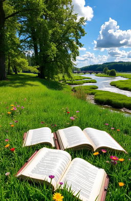 A serene image of several open books lying on a vibrant green grassy area, surrounded by colorful wildflowers