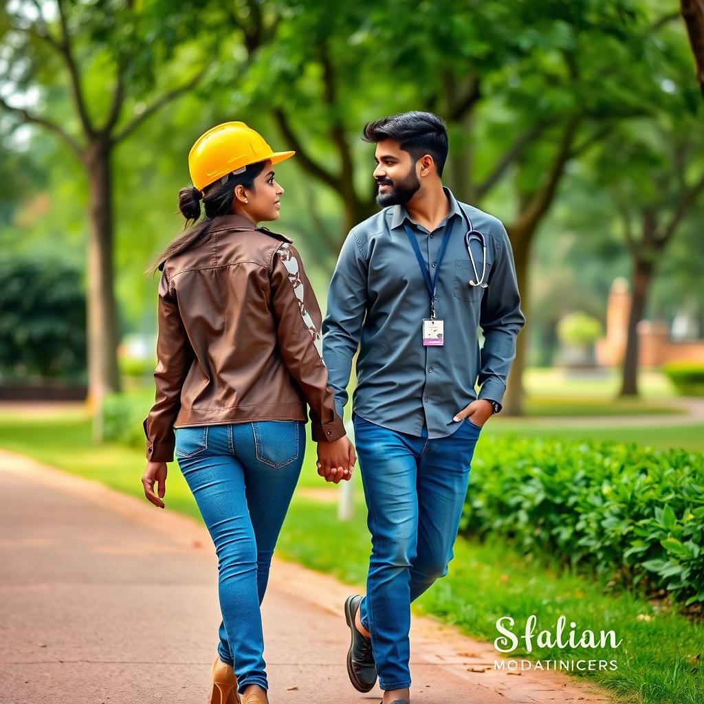 A charming scene of a Sri Lankan couple walking hand in hand through a park, looking at each other from the front