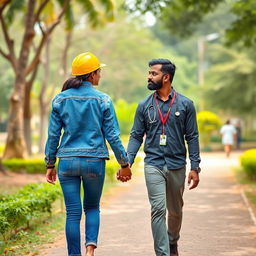 A charming scene of a Sri Lankan couple walking hand in hand through a park, looking at each other from the front