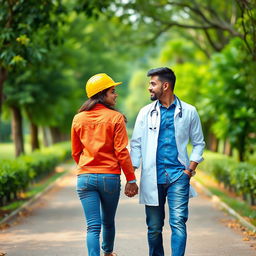 A charming scene of a Sri Lankan couple walking hand in hand through a park, looking at each other from the front