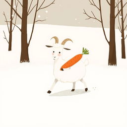 A whimsical goat holding a carrot, walking through a snowy landscape