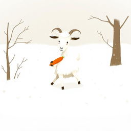 A whimsical goat holding a carrot, walking through a snowy landscape