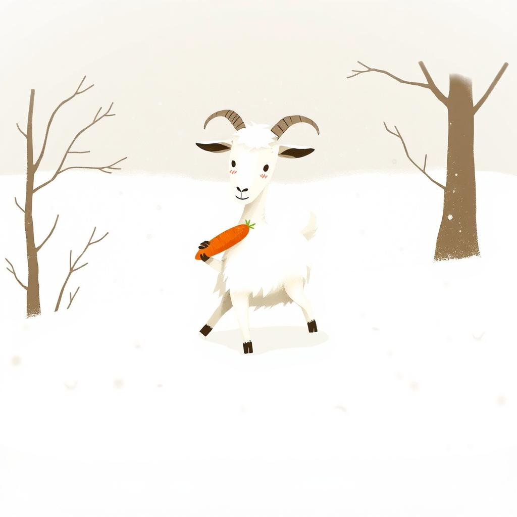 A whimsical goat holding a carrot, walking through a snowy landscape