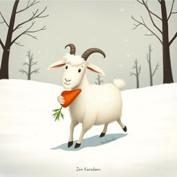 A whimsical goat holding a carrot, walking through a snowy landscape