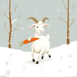 A whimsical goat holding a carrot, walking through a snowy landscape