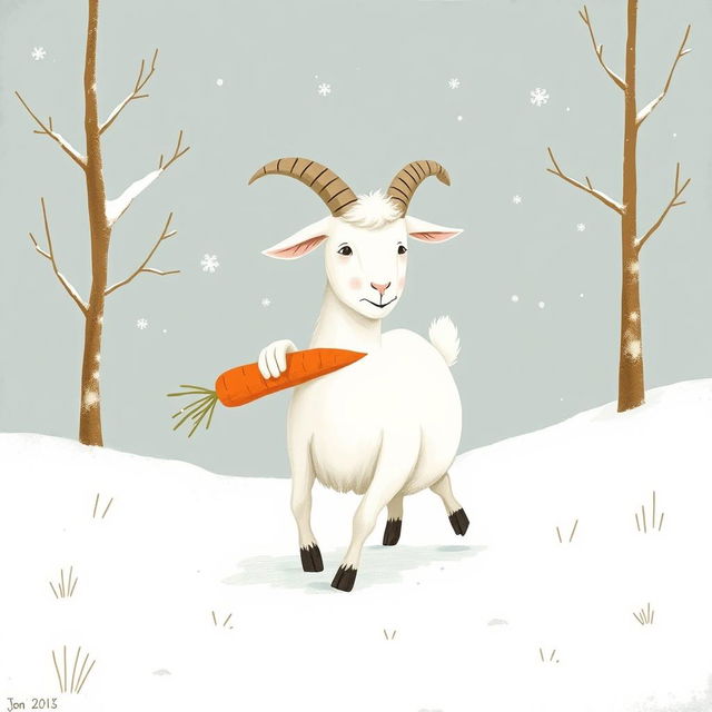 A whimsical goat holding a carrot, walking through a snowy landscape