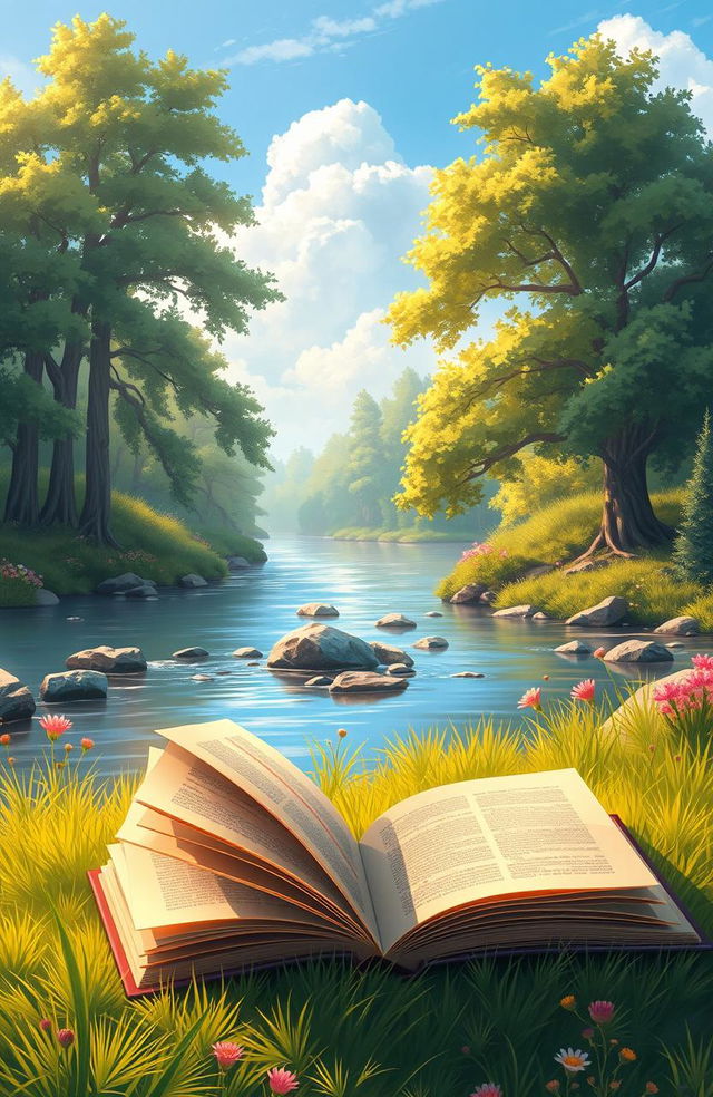 A serene digital painting of a collection of colorful books lying open on a lush green grass bank beside a gently flowing river
