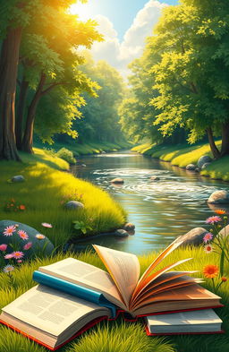 A serene digital painting of a collection of colorful books lying open on a lush green grass bank beside a gently flowing river