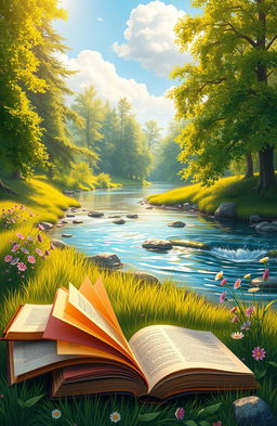 A serene digital painting of a collection of colorful books lying open on a lush green grass bank beside a gently flowing river