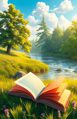 A serene digital painting of a collection of colorful books lying open on a lush green grass bank beside a gently flowing river