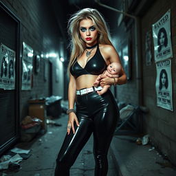 A full length, head to toe photograph of a sexy, beautiful 18-year-old woman with thick, long, messy dirty blond hair and striking crystal blue eyes