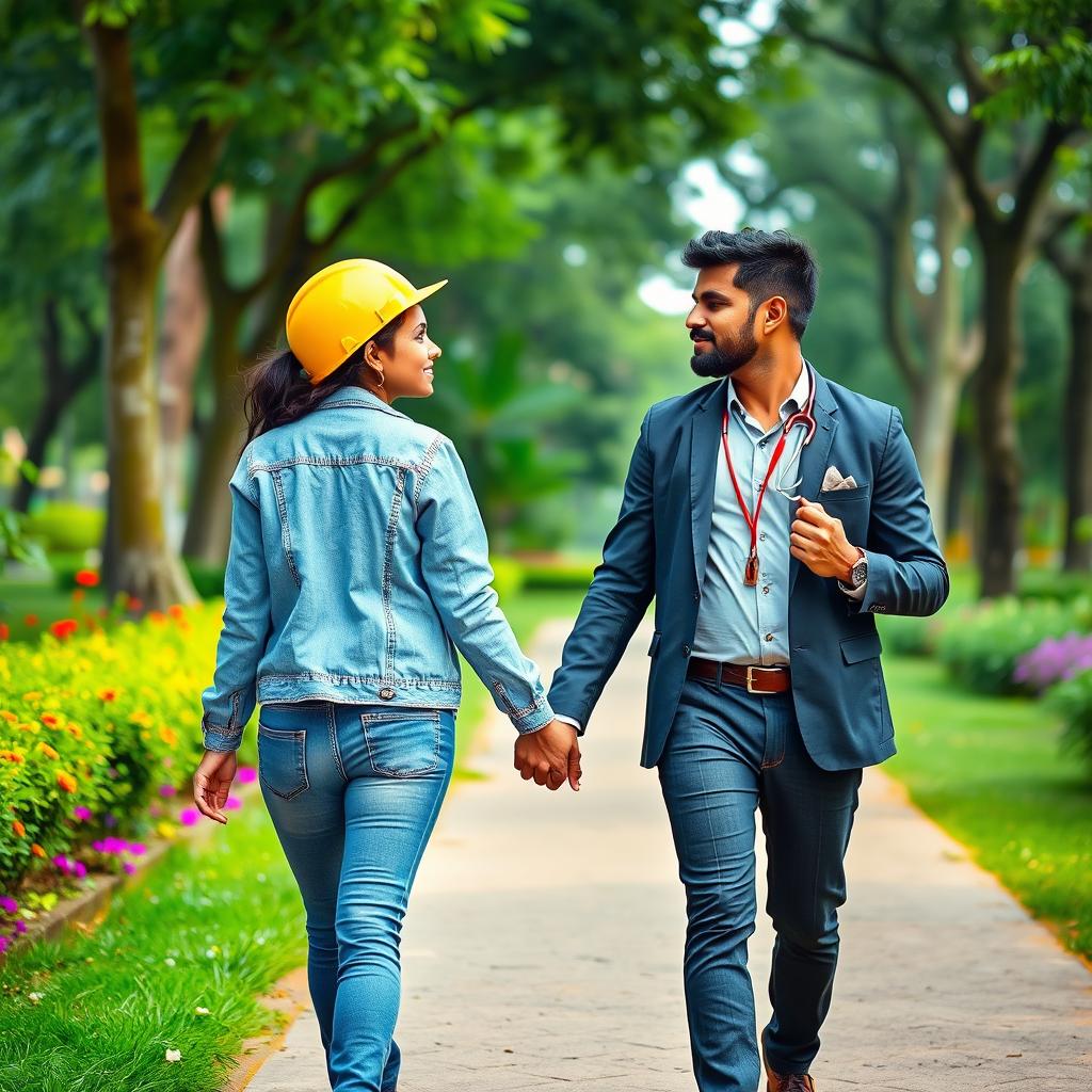 A lovely scene of a Sri Lankan couple walking hand in hand in a park, gazing intently at each other from the front
