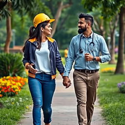 A lovely scene of a Sri Lankan couple walking hand in hand in a park, gazing intently at each other from the front