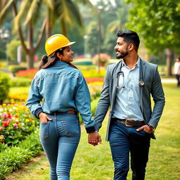 A lovely scene of a Sri Lankan couple walking hand in hand in a park, gazing intently at each other from the front