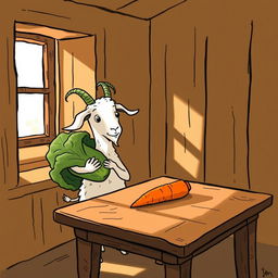 Inside a cozy room, a whimsical goat holding a cabbage looks curiously at a carrot placed on a wooden table