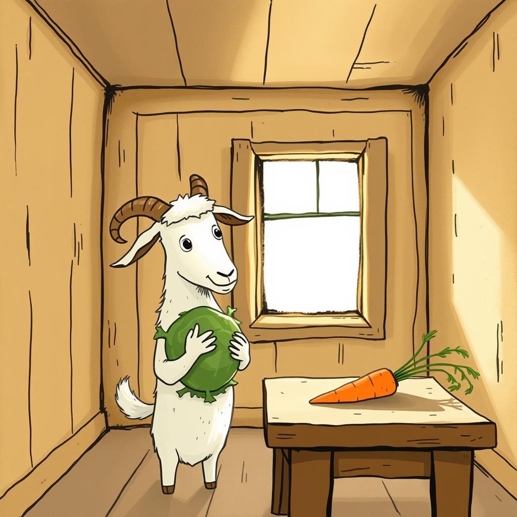 Inside a cozy room, a whimsical goat holding a cabbage looks curiously at a carrot placed on a wooden table