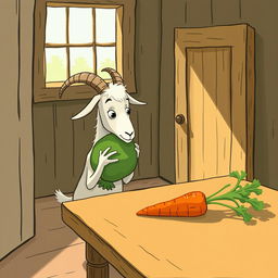 Inside a cozy room, a whimsical goat holding a cabbage looks curiously at a carrot placed on a wooden table