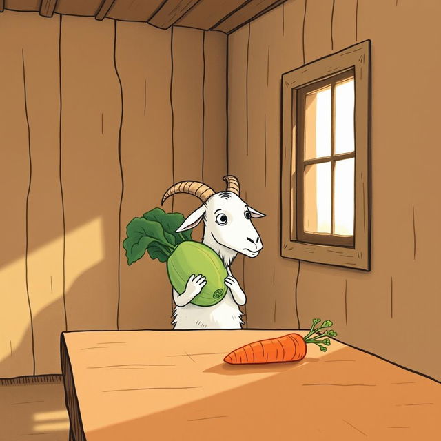 Inside a cozy room, a whimsical goat holding a cabbage looks curiously at a carrot placed on a wooden table