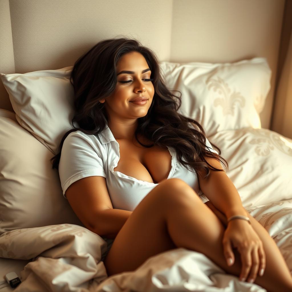 A beautiful brunette woman with a curvy figure, lying comfortably on a bed