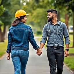 A delightful scene of a Sri Lankan couple walking towards the viewer along a path in a park, their hands touching gently as they look at each other with affection