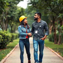 A delightful scene of a Sri Lankan couple walking towards the viewer along a path in a park, their hands touching gently as they look at each other with affection