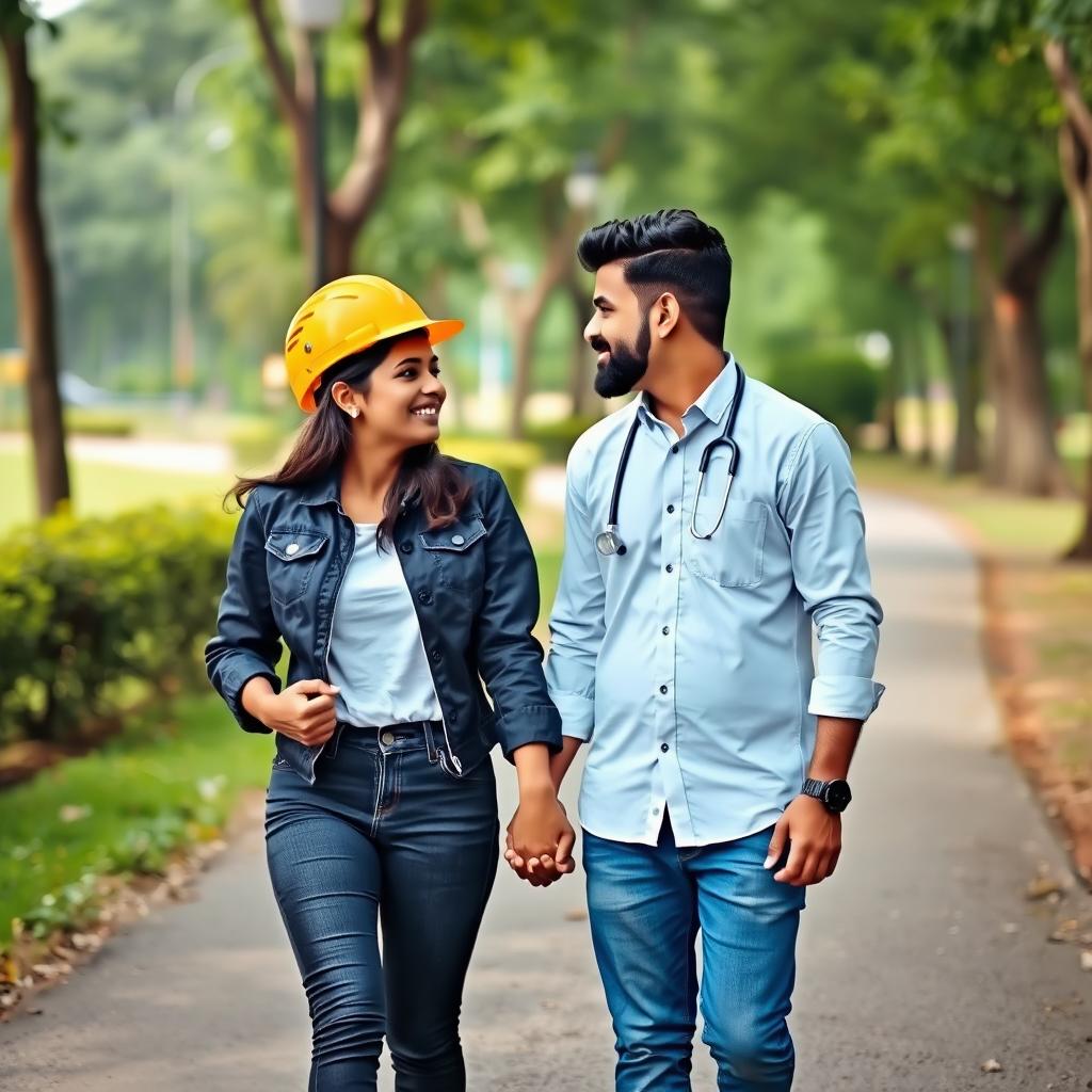 A delightful scene of a Sri Lankan couple walking towards the viewer along a path in a park, their hands touching gently as they look at each other with affection