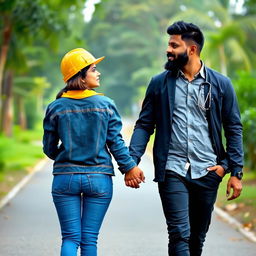 A delightful scene of a Sri Lankan couple walking towards the viewer along a path in a park, their hands touching gently as they look at each other with affection