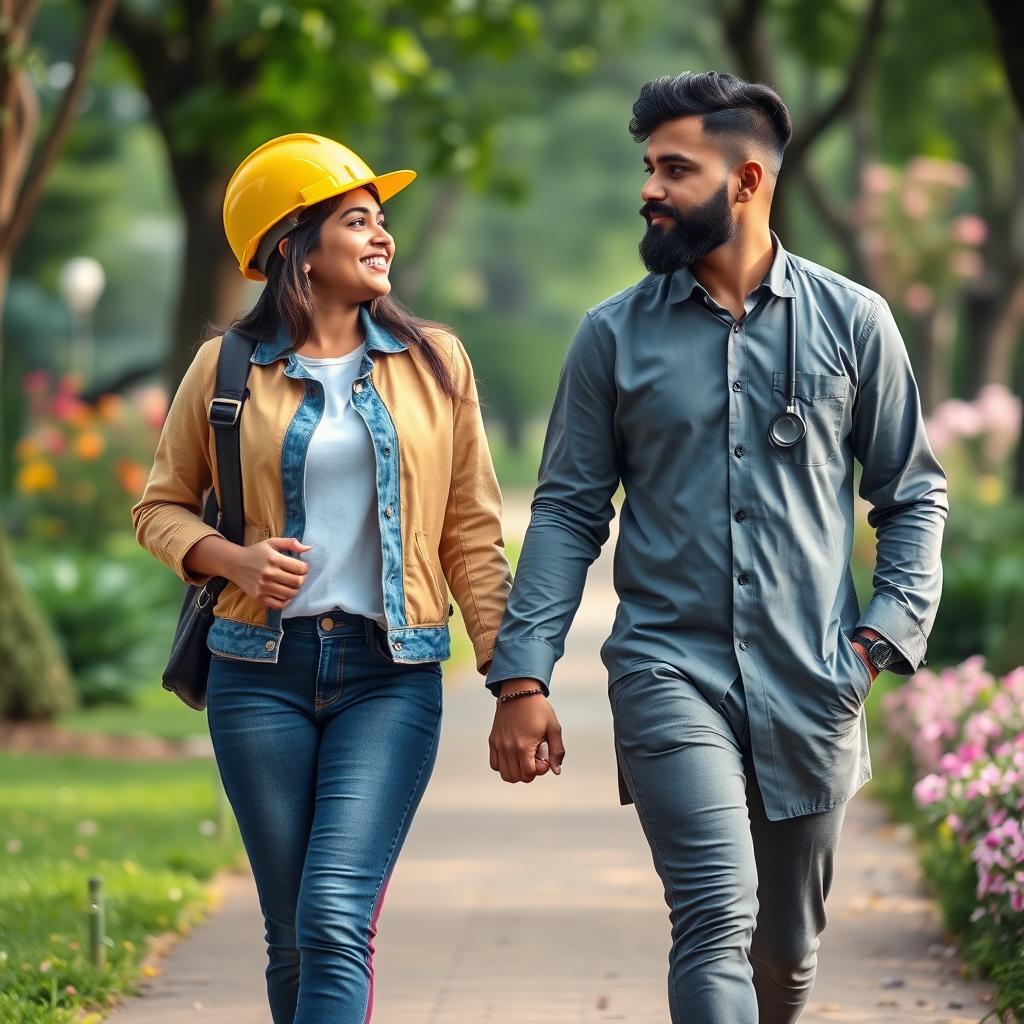 A beautiful scene showcasing a Sri Lankan couple walking hand in hand in a park, their eyes locked on each other as they move towards the viewer