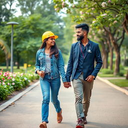 A beautiful scene showcasing a Sri Lankan couple walking hand in hand in a park, their eyes locked on each other as they move towards the viewer