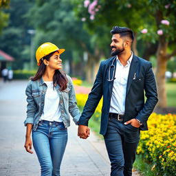 A beautiful scene showcasing a Sri Lankan couple walking hand in hand in a park, their eyes locked on each other as they move towards the viewer