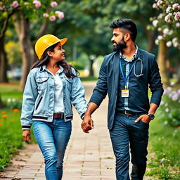 A beautiful scene showcasing a Sri Lankan couple walking hand in hand in a park, their eyes locked on each other as they move towards the viewer