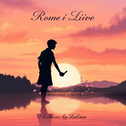 A romantic book cover illustration featuring a serene sunset over a calm lake, with silhouettes of a couple holding hands in the foreground