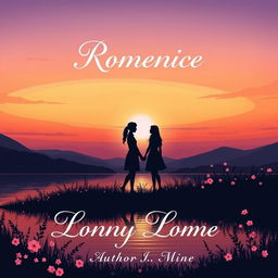 A romantic book cover illustration featuring a serene sunset over a calm lake, with silhouettes of a couple holding hands in the foreground