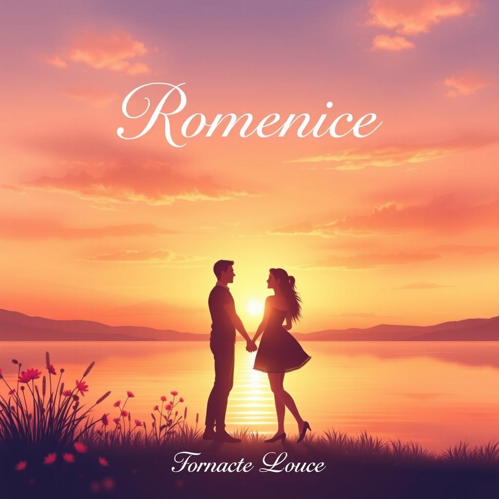 A romantic book cover illustration featuring a serene sunset over a calm lake, with silhouettes of a couple holding hands in the foreground