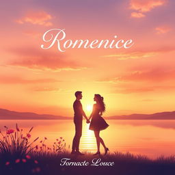 A romantic book cover illustration featuring a serene sunset over a calm lake, with silhouettes of a couple holding hands in the foreground