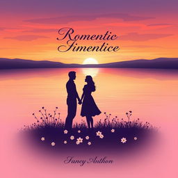 A romantic book cover illustration featuring a serene sunset over a calm lake, with silhouettes of a couple holding hands in the foreground
