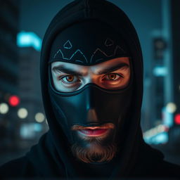 A close-up portrait of a person wearing a black hacker mask, showcasing piercing eyes and an intense expression
