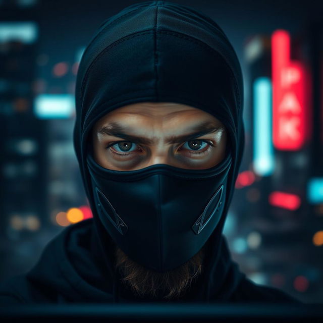 A close-up portrait of a person wearing a black hacker mask, showcasing piercing eyes and an intense expression