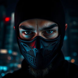 A close-up portrait of a person wearing a black hacker mask, showcasing piercing eyes and an intense expression